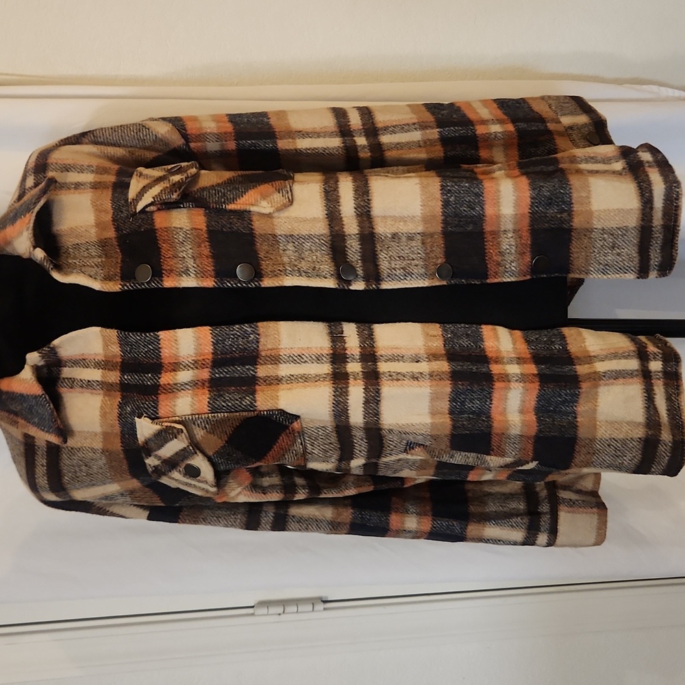 Flannel Button Down Shirt, Boyfriend Long Sleeve, Oversized, Brown/Orange, S - Picture 9 of 17